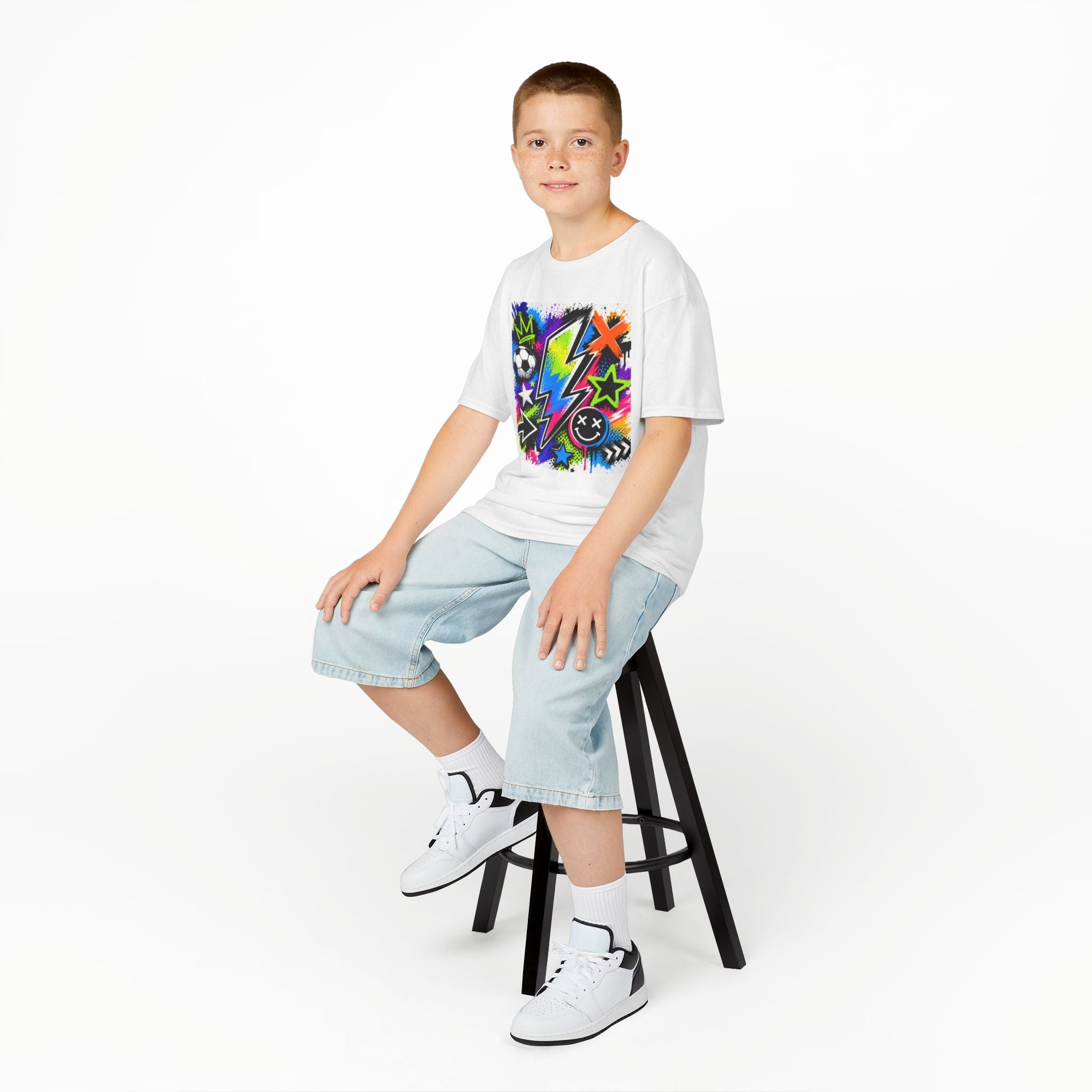 Kids Neon Graffiti Tee - Lightning Bolt, Soccer & Stars Graphic